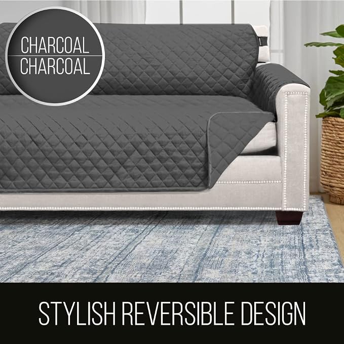 Sofa Shield® Couch Chaise Covers for Dogs, Reversible Furniture Protector with Strap, Stain and Tear Resistant Cushion Cover, 102x34 inch Seat, Machine Washable Slipcover Pets, Cats, Charcoal