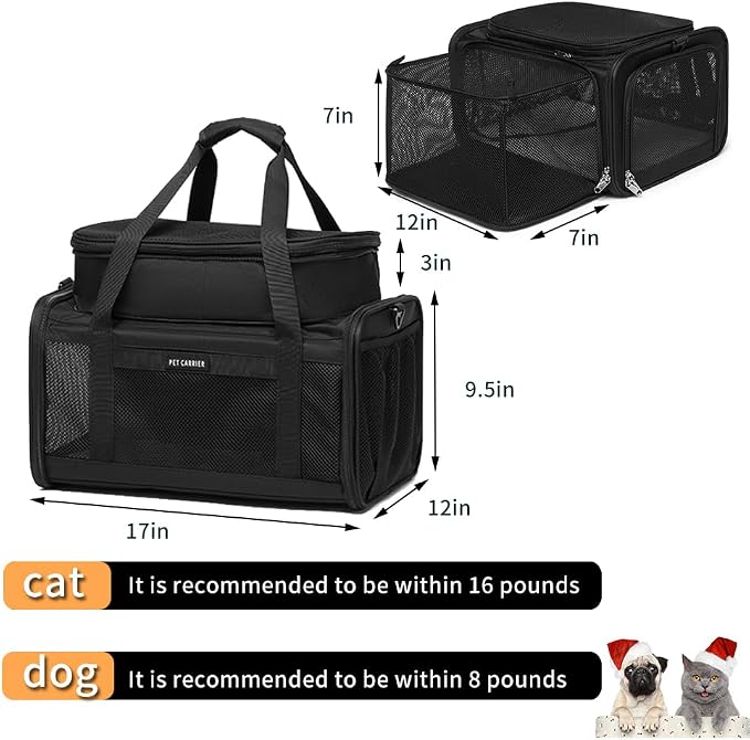 Airline Approved Pet Carrier for Cats and Small Dogs up to 15 lbs, Breathable Mesh, Portable Travel Bag for Bearded Dragon, Puppies Animal Hangbag, Rabbit Cage (Black, Expandable)