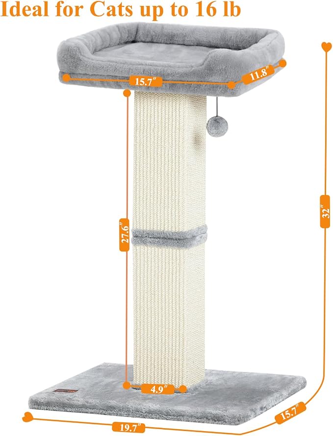 Karolpar 32" Cat Scratching Post for Indoor Cats, Sisal Cat Scratcher with Plush Perch, Large Scratch Post with Bed, Removable Cover, Sisal Fabric,Light Grey | Natural Sisal Cat Scratcher Tower, Large Scratch Post with Bed, Cat Tree with Removable Cover