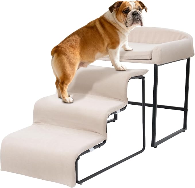 Dog Steps with Beside Pet Bed Set for Bed Window Sofa Dog Window Perch with Stairs for Small Pets Pet Steps and Window Perch with Sturdy Metal Frame and Soft Cushion for Small Dogs (with Pet Bed)