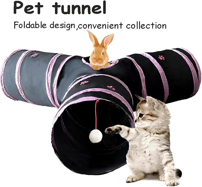 3-Way Collapsible Cat Tunnel Tube Toy Black Pink Paws | Interactive Play Tunnel by Hanging Ball & Peek Hole for Indoor Cats, Kittens, Puppies, Rabbits, Hours of Fun & Exercise