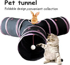 3-Way Collapsible Cat Tunnel Tube Toy Black Pink Paws | Interactive Play Tunnel by Hanging Ball & Peek Hole for Indoor Cats, Kittens, Puppies, Rabbits, Hours of Fun & Exercise
