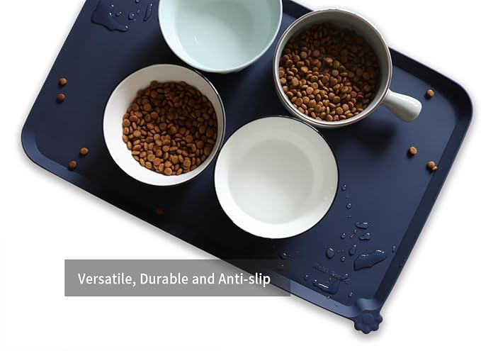 Hoki Found L Silicone Non Slip Pet Dog Cat Bowl Mats - Placemat - Waterproof Dog Cat Food Mats for Carpet - French Navy