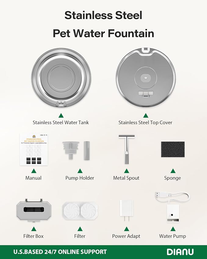 Stainless Steel Cat Water Fountain - 3.2L/108oz Cat Fountain for Drinking | Quiet Pet Water Fountain for Cats Indoor - Automatic Pet Water Bowl Dispenser - for Kitty & Small Dog (4 Filters)