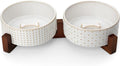 MALACASA Dog Bowl Set, Ceramic Bowls with Walnut Wood Stand, 3.5 Cups | Rhombic and polka dot design, non-slip base, for cats and dogs, about 26% heavier than similar ceramic bowls