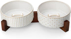 MALACASA Dog Bowl Set, Ceramic Bowls with Walnut Wood Stand, 3.5 Cups | Rhombic and polka dot design, non-slip base, for cats and dogs, about 26% heavier than similar ceramic bowls