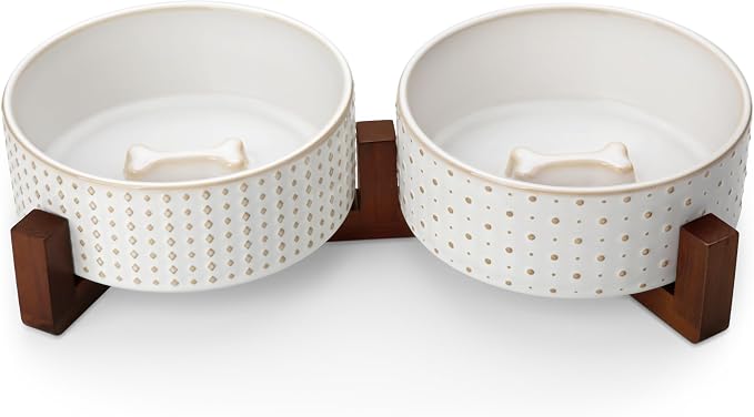 MALACASA Dog Bowl Set, Ceramic Bowls with Walnut Wood Stand, 3.5 Cups | Rhombic and polka dot design, non-slip base, for cats and dogs, about 26% heavier than similar ceramic bowls