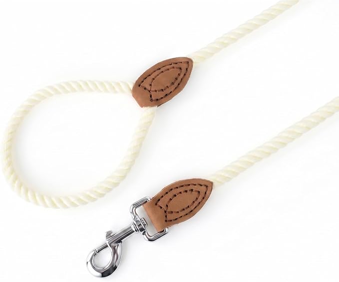 Mile High Life Dog Leash Braided Cotton Rope with Leather-Reinforced Ends | Rust-proof 360° swivel clasp, Heavy-duty for medium/large breeds. Great for weddings, daily walks (4 FT, 1/2", White)