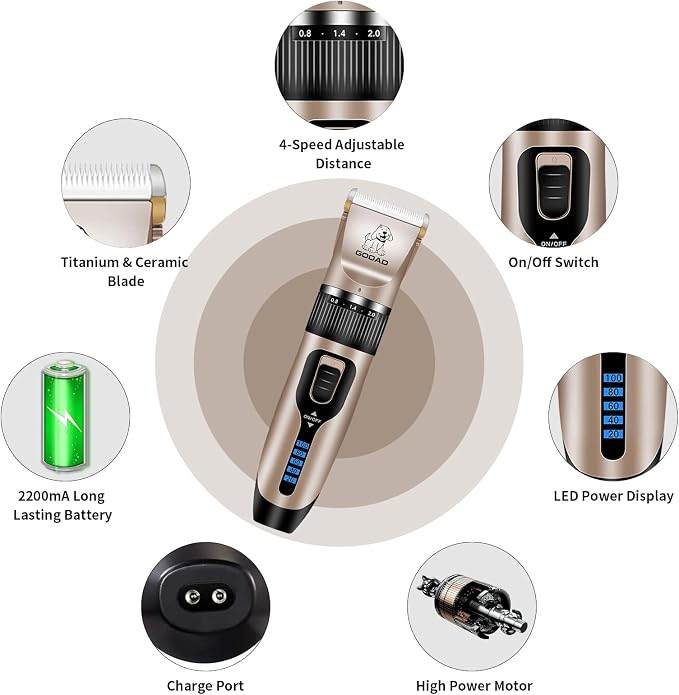 Quiet Cat Clippers & Cat Grooming Kit for Matted & Long Hair | 250Min Cordless Pet Shaver, Low Noise Pet Hair Trimmer for Grooming,2in1 Wide & Narrow Blades,4 Combs,Scissors & Glove(Gold)