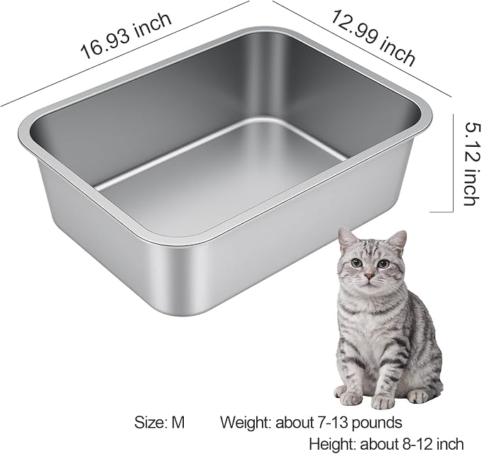 Stainless Steel High Sided Cat Litter Box | Sturdy Metal, Odor-free, Cat Litter Non-stick and Easy to Clean, Ideal for Indoor Cats, Kittens and Multicat Houses