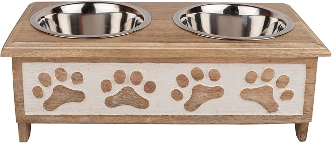 GoCraft Raised Dog Bowls for Small Dogs – Whitewashed Wooden Elevated Feeder Stand in Modern Farmhouse Style with 2 Stainless Steel Bowls for Pet Food & Water