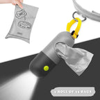 Dog Poop Bags Holder with LED Flashlight|Pet Waste Bags Dispenser for Leash|Doggie Potty Bags Container with Leak-proof Pet Trash Bags and Accessories (2 Holders 30 Bags, Grey and Black)