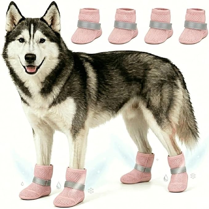 Breathable Mesh Dog Shoes Summer Anti-Scald Paw Protector Boots, Reflective Adjustable Non Slip Pet Footwear for Small Dogs Puppy Cats Hot Pavement Outdoor Walking (Light Pink, M)