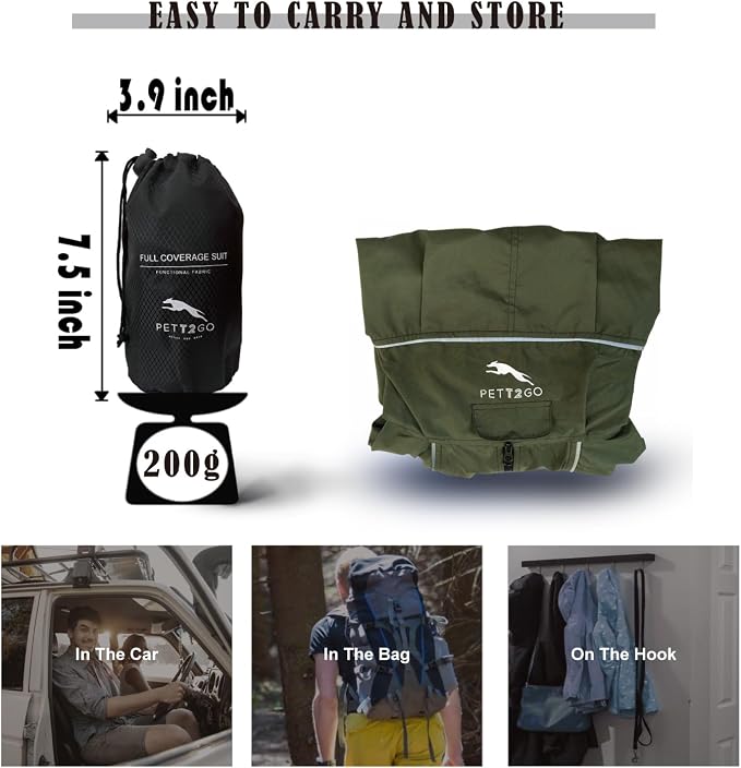 Dog Lightweight Windbreaker, Dog Outdoor 4-Legs Jacket, 0.5 lbs,Durable Water Repellent, Hooded, Easy on/Off with Collar and Harness, Reflective, Packable,Dark Olive - Small