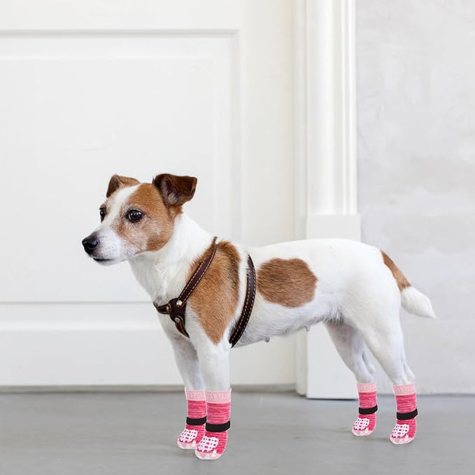 PUPTECK Anti-Slip Dog Socks with Double Sides Grips for Small Medium Large Dogs Hardwood Floors Prevents Licking, Dog Shoes for Hot Pavement Traction Control for Senior Dogs, Fuschia, L