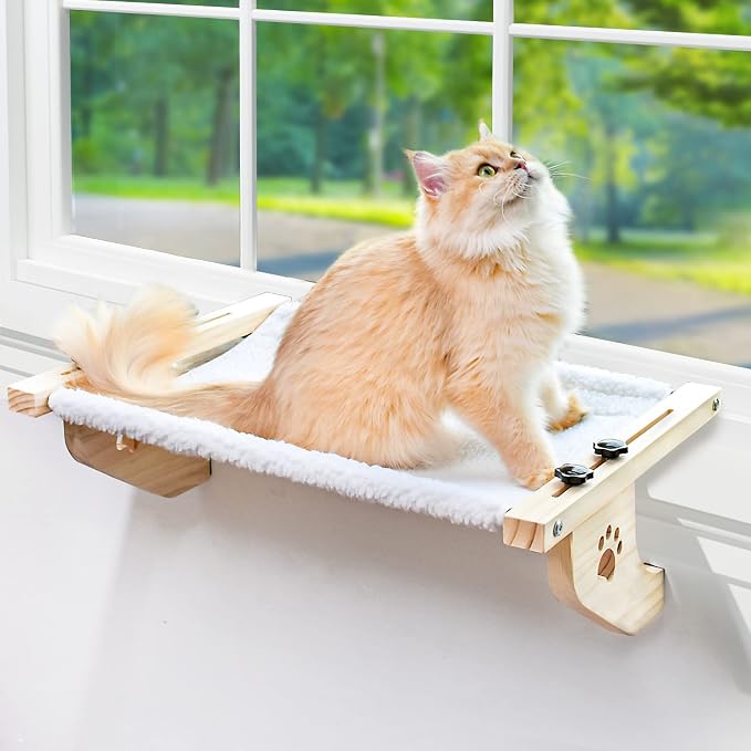 AMOSIJOY Cat Windowsill Perch with Wood & Metal Frame for Large Cat, 21.7in | Solid Wood Frame, Easy to Adjust, Washable Berber Fleece Cover, No Suction Cups Cat Window Seat for Windowsill, Bedside