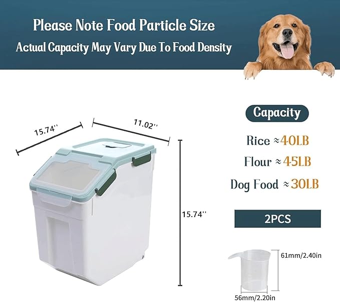 2 Pack Rice Storage Container with Measuring Cup 50 lb Flour Storage Container with Wheels, BPA Free Food Storage Container Dog Cat Food Bin Set for Dry Food Sugar, Cereal(Green)