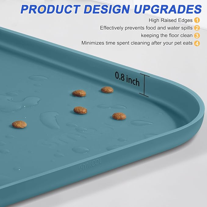 SMILOOL Silicone Pet Food Mat with Raised Edge for Food and Water Bowl, Dog Feeding Mats, Cat Food Trays for Floor Waterproof, Rubber Tray for Dogs and Cats, 22 x 14 x 0.8 Slate Blue