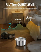 Cat Water Fountain Stainless Steel 3.2L/108oz, Invengo Automatic Pet Fountain for Cats & Dogs, Ultra Quiet <25 dB Pump, Includes 6 Replacement Filters & Sponges, LED Water Level Window, Easy to Clean