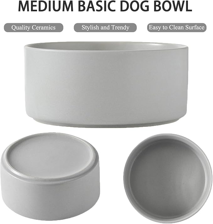 6'' Ceramic Raised Dog Bowl - 30Oz Dog Food & Water Bowl with Elevated Non-Slip Bamboo Stand, Dishwasher & Microwave Safe, Anti Vomiting Heavy Duty Pet Bowl for Small and Medium Dogs, Grey