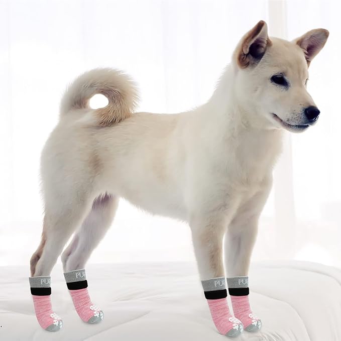 PUPTECK Anti-Slip Dog Socks with Double Sides Grips for Small Medium Large Dogs Hardwood Floors Prevents Licking, Dog Shoes for Hot Pavement Traction Control Paw Protector for Senior Dogs, Pink XXS