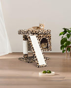 SYANDLVY Small Leopard Print Cat Tree with Perch for Indoor Cats, Cat Tower with Scratching Post, Modern Activity House for Large Cats, Condo with Board, Kittens Cave