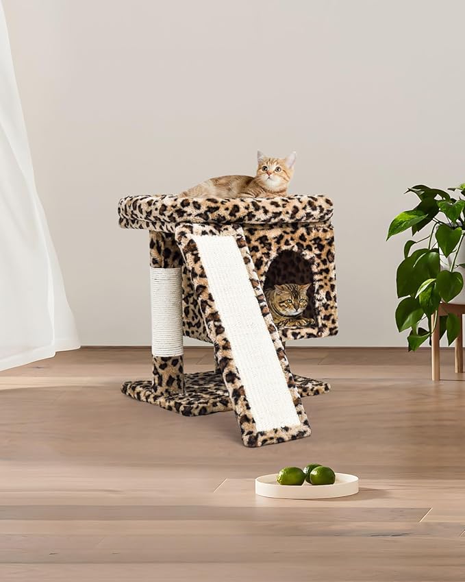 SYANDLVY Small Leopard Print Cat Tree with Perch for Indoor Cats, Cat Tower with Scratching Post, Modern Activity House for Large Cats, Condo with Board, Kittens Cave