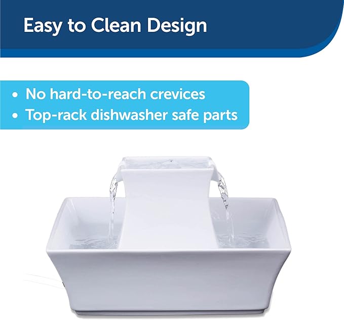 PetSafe Drinkwell Pagoda Fountain, Filters Included, 70 oz Ceramic, White | 2 Free-Falling Water Streams Encourage Hydration, Pet Water Fountain for Cats & Small Dogs, Replaceable Carbon & Foam Filters
