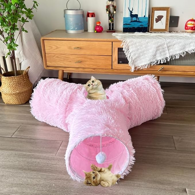 3-Way Collapsible Cat Tunnel Tube Toy Pink Plush | Interactive Play Tunnel with Hanging Ball & Peek Hole for Indoor Cats, Kittens, Puppies & Rabbits | Hours of Fun & Exercise
