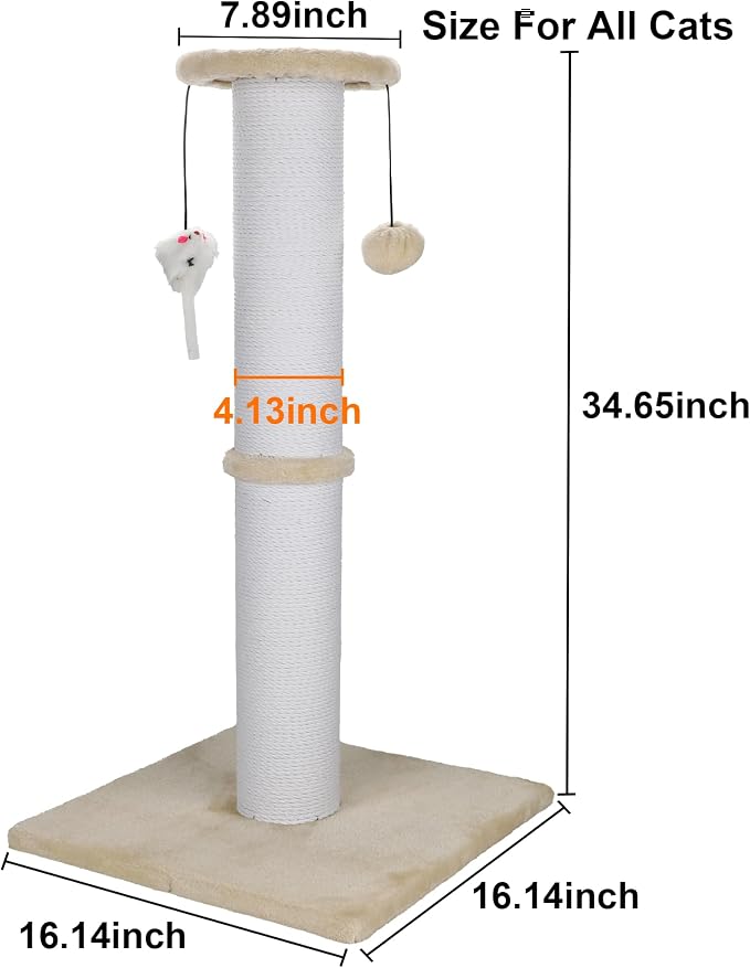34-Inch Tall Cat Scratching Post for Large Cats, Stable Base, Beige | Heavy-Duty Cat Scratcher, Extra-Tall Thick Post, Soft Natural Cotton Rope, Hanging Interactive Cat Toys, Indoor Cat Furniture