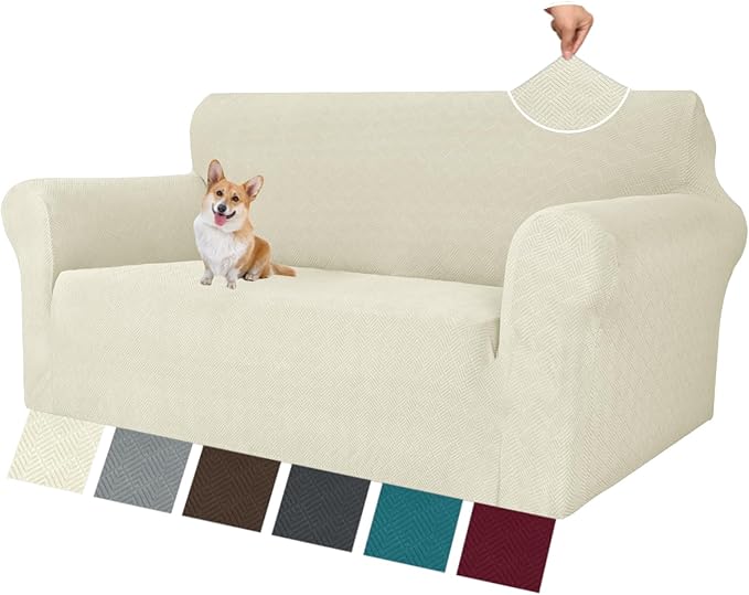 MAXIJIN Loveseat Cover Sofa Covers (55"-69"), 1-Piece Stretch Couch Covers for 2 Cushion Couch Love Seat Slipcover with Elastic Bottom for Kids,Dog (Loveseat, Diamond Pattern Beige)