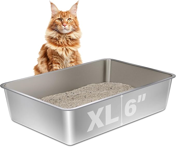 Stainless Steel Litter Box XL,Large Metal Litterbox for Big Cat | 23.6“x15.7"x6" Deep, Cat Litter Box for Big Cats with High Sides, Non Stick Surface, Easy to Clean