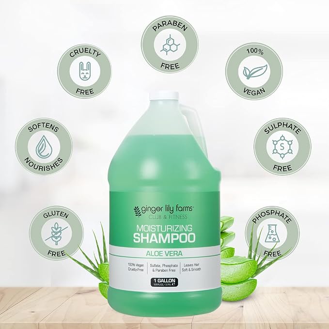 Ginger Lily Farms Club & Fitness Moisturizing Shampoo for All Hair Types, 100% Vegan & Cruelty-Free, Aloe Vera Scent, 1 Gallon (128 fl oz) Refill (Pack of 4)