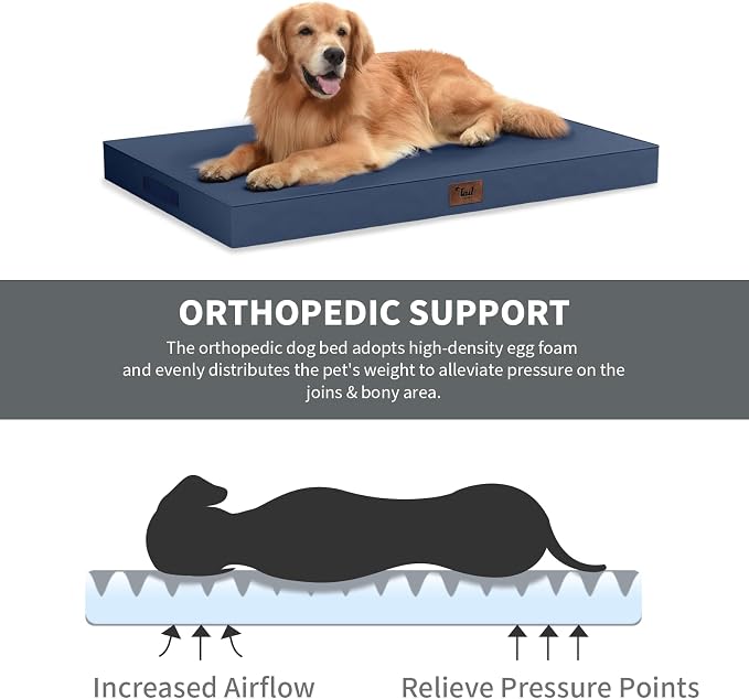 Waterproof Orthopedic Outdoor Dog Bed XL for Extra Large Dogs | Egg Crate Foam for Joint Support, TPU Waterproof Layer, Machine Washable 1680D Oxford Cover, 44 x 32 Inch, Up to 90 lbs