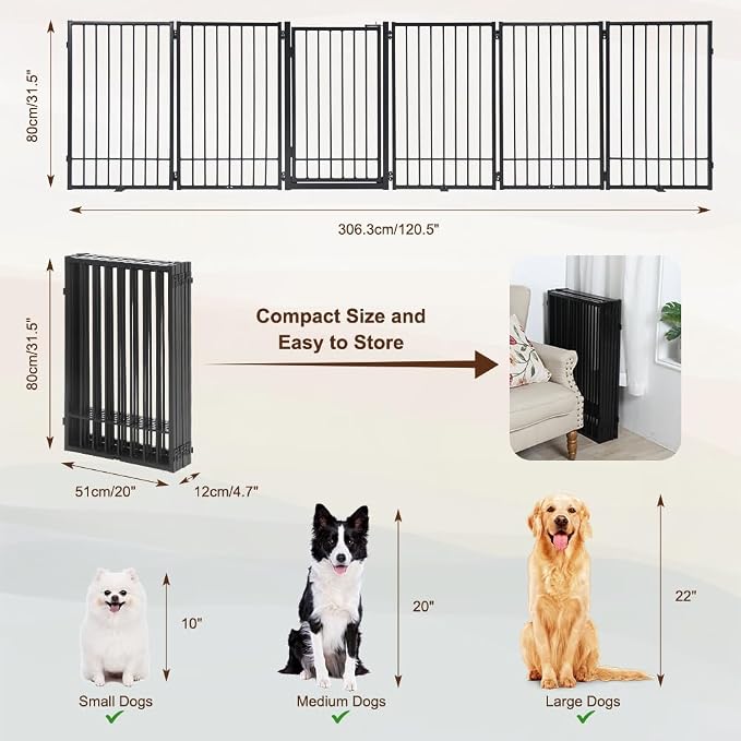 Metal Freestanding Dog Gate with Door, Extra Wide 121", 31" Height Foldable Dog Gates for Doorways, Tall Pet Fence Indoor Pet Gates, 6 Panels Pet Barrier for Stairs Hallways, Black