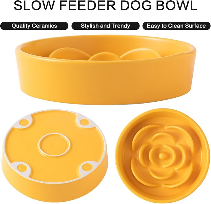 8.25'' Ceramic Slow Feeder Dog Bowls - Petal Shape Modern Dog Food Dish for Medium and Large Breeds, Puzzle Maze Bowl to Slow Down Eating, Anti-Gulping, Dishwasher & Microwave Safe, Yellow