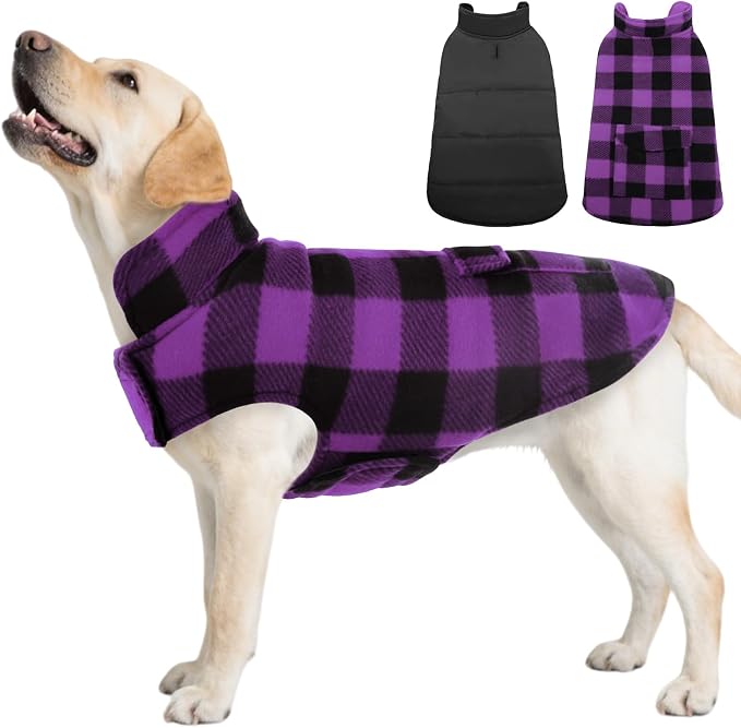 ASENKU Reversible Dog Winter Coat, Dog Jacket for Small Medium Large Dogs | Windproof Plaid Fleece Lining for Cold Weather, Water-resistant Outer Shell, Puppy Puffer Vest with Leash Hole, Purple 2XL