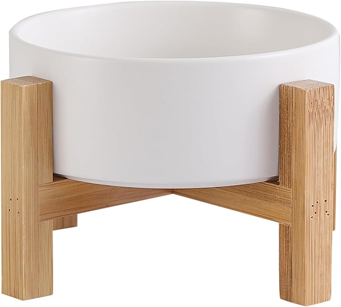 Elevated Ceramic Cat Bowl - Cat Food Bowl with Bamboo Stand - Raised Dog Dish for Puppies - Anti Vomiting, Stress Free - 13.5 oz / 400 ml - White