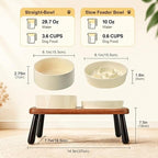 SPUNKYJUNKY Ceramic Elevated Dog Bowls with Slow Feeder Raised with Acacia Bamboo Wooden Stand, 6.1'' Dog and Cat Food Water Bowls Set Non-Slip for Small Medium Sized Breed - Beige