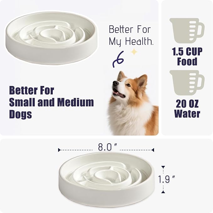 Ceramic Slow Feeder Dog Bowl,1.5 Cups Pet Slow Feeder for Small and Medium Breed,Puzzle Dog Food Dish,Anti-Gulping,Stop Bloat,Preventing Choking(White)