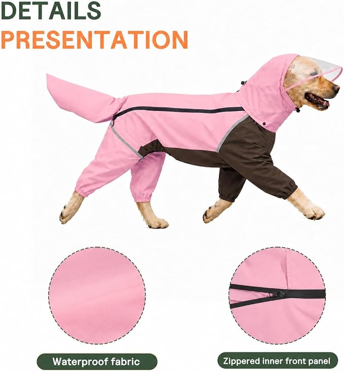 Full-Body Dog Raincoat with Detachable Hood, Waterproof Reflective Dog Rain Jacket with Tail Cover, Adjustable Fit and Leash Portal for Rainy Walks, Cherry Blossom Pink, Large