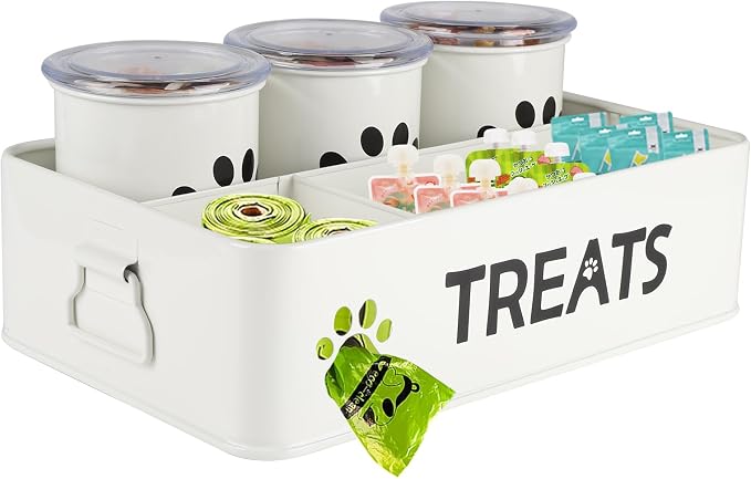 28oz Metal Dog Treat Container Set of 3,Dog Treat Jars with Airtight Lids,Cat Treat Jar,Dog Treat Canister for Countertop,Coated Galvanized Steel Dog Treats Station-White