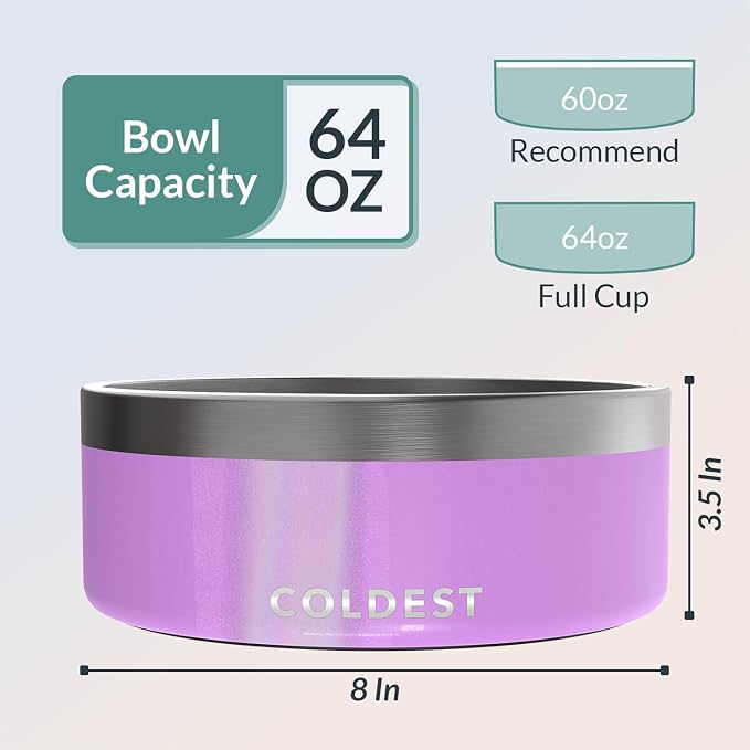 Coldest Dog Bowl - Anti Rust Metal, Non Slip, 3 Layers Insulated Stainless Steel Dog Bowls - Spill Proof & Heavy Duty - Water Bowl for Dogs, Cats, Dish Washer Safe (64 oz, Saturns Purple Glitter)