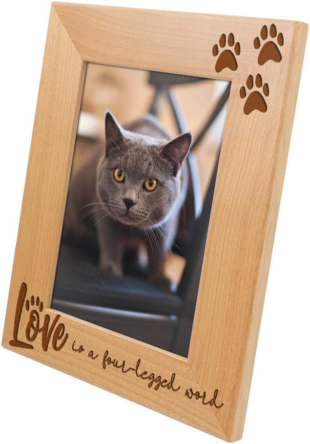 Love is a Four-Legged Word Wood Engraved Pet Frame with Glass - Dog & Cat Memorial Frame, Paw Print Design - Pet Lover Gift (4x6 Vertical)