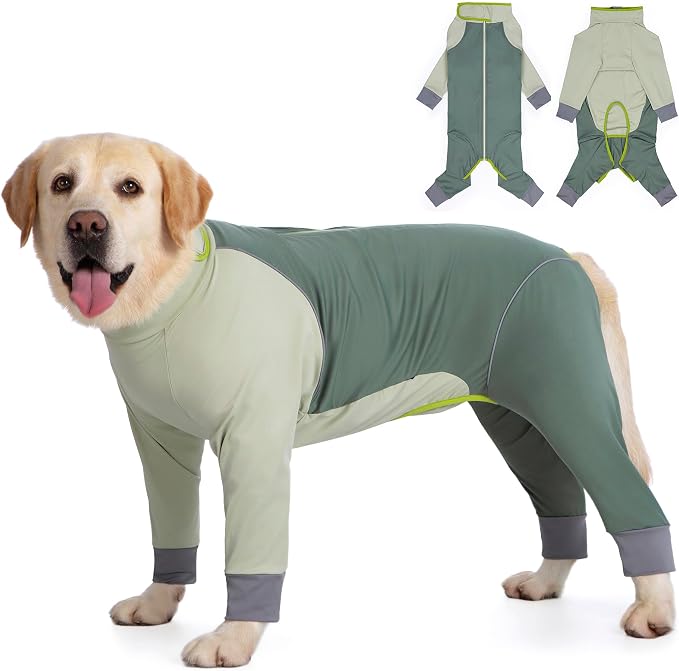 Dog Onesie Coat - Water-Repellent & Stretchable, Dirt-Resistant Outdoor Puppy Suit with Reflective Strips | Controls Shedding | for Small, Medium, Large Dogs (Olive Green, 7XL(Weight 100-138 lbs))