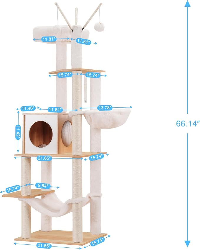Hey-brother Wooden Cat Tree Tower with Hammock for Indoor Cats, MPJ120WB | 66.14 Inches Modern Scratching Post with Large Condo, Plush Top Platform, Cozy Basket, Bed, Hanging Toys, Walnut