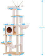 Hey-brother Wooden Cat Tree Tower with Hammock for Indoor Cats, MPJ120WB | 66.14 Inches Modern Scratching Post with Large Condo, Plush Top Platform, Cozy Basket, Bed, Hanging Toys, Walnut