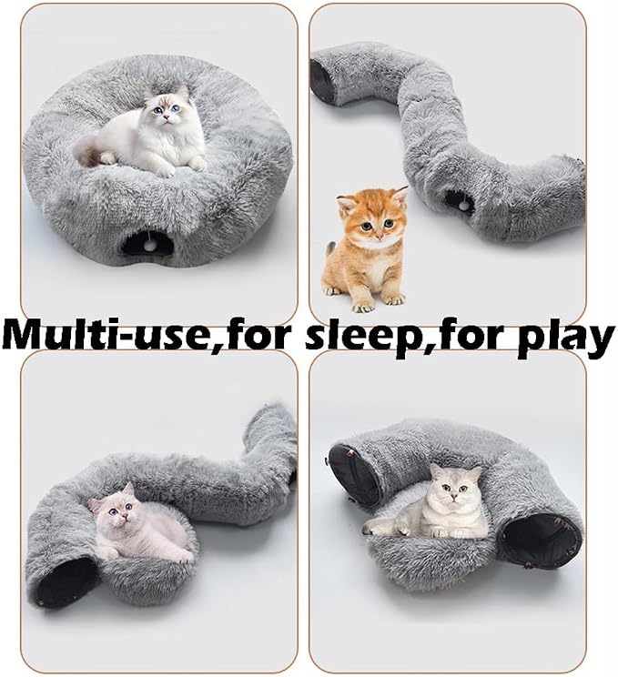 Cat Bed Tunnel Tube Toy Grey Plush | Collapsible Round Tunnels for Indoor Cats, Interactive Toys Play Tubes with Hanging Ball for Kitten, Puppy, Rabbit