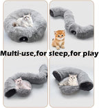 Cat Bed Tunnel Tube Toy Grey Plush | Collapsible Round Tunnels for Indoor Cats, Interactive Toys Play Tubes with Hanging Ball for Kitten, Puppy, Rabbit