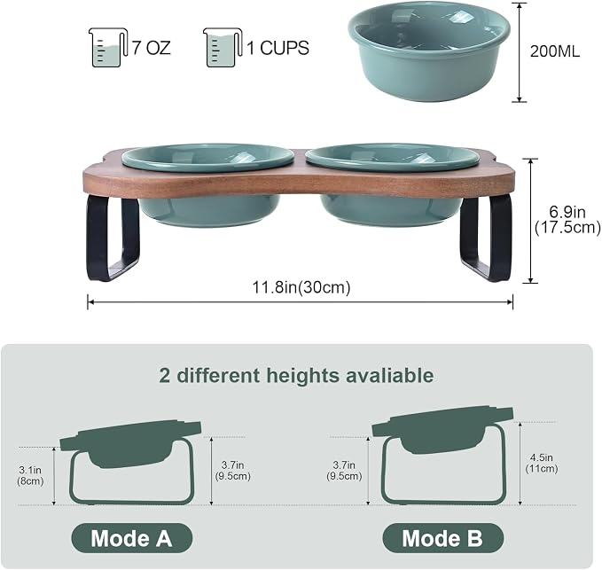 SPUNKYJUNKY Ceramic Elevated Tilted Dog Bowls Bone-Shaped Raised with 2 Height Iron Stand, 4.9'' Dog and Cat Food Water Bowls Set Non-Slip for Puppy Kitten Small Sized Breed - 7 OZ,Dark Green